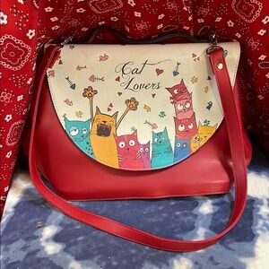 DOGO Cat Lovers Red Shoulder Bag with Colorful Printed Flap Vegan leather! NWT